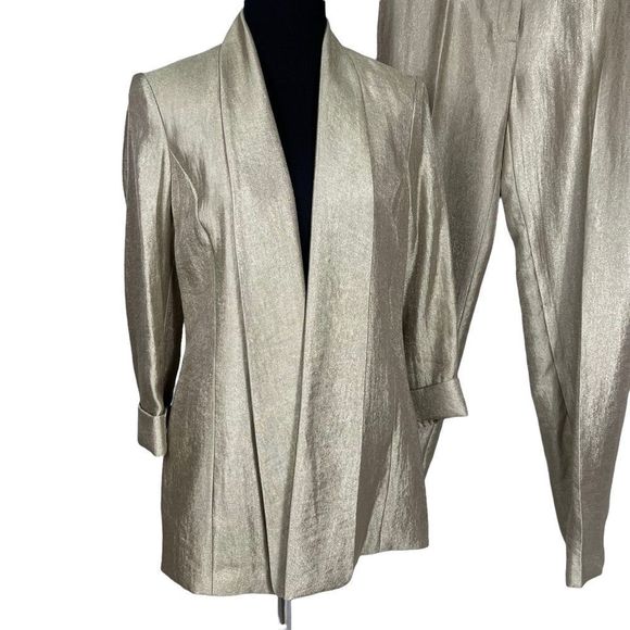 Kasper 2 piece Kristy Slim Fit Pant Suit Slacks Open Front Blazer Gold M… - Picture 2 of 13